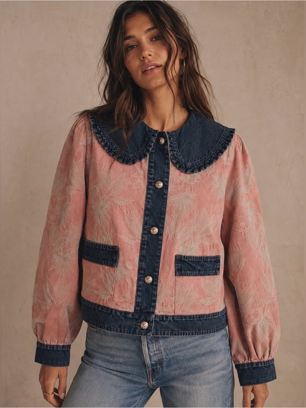 NWT Cotton Size Large Floral Jacket with Denim Trim